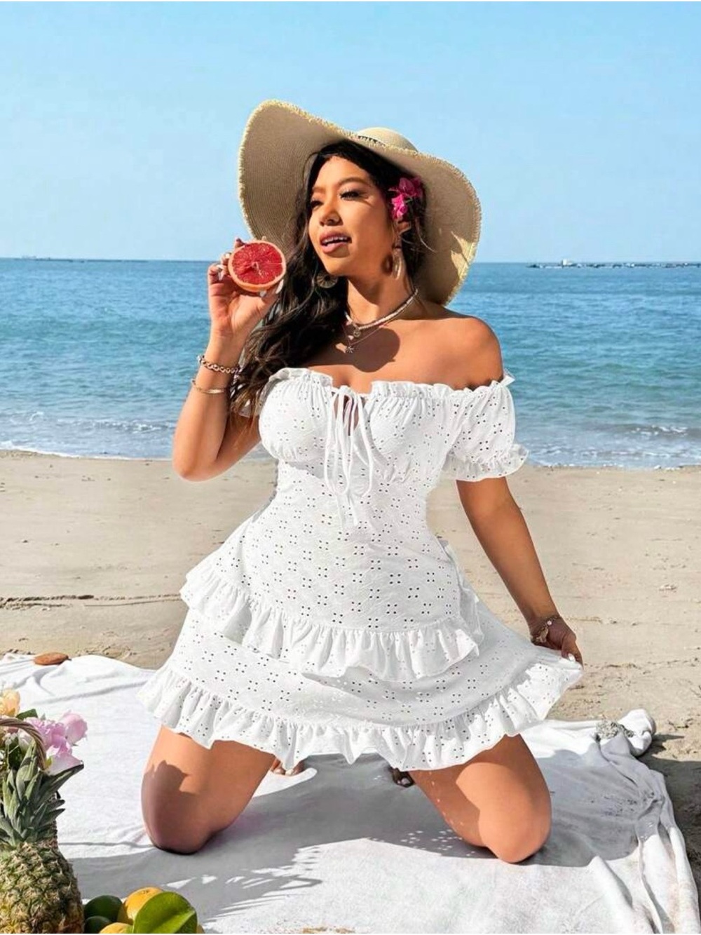 SHEIN Curve White Eyelet Off Shoulder Ruffle Mini Dress 4XL US 20 Boho - Picture 4 of 16
